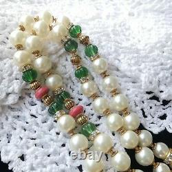 HASKELL Necklace 24 Faux Pearl Green Côtelé & Coral Glass Beads Gold Gilt Brass