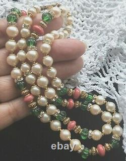 HASKELL Necklace 26 Faux Pearl Green Côtelé & Coral Glass Beads Gold Gilt Brass