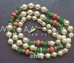 HASKELL Necklace 26 Faux Pearl Green Côtelé & Coral Glass Beads Gold Gilt Brass