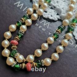 HASKELL Necklace 29 Faux Pearl Green Côtelé & Coral Glass Beads Gold Gilt Brass