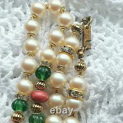 HASKELL Necklace 29 Faux Pearl Green Côtelé & Coral Glass Beads Gold Gilt Brass