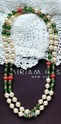 HASKELL Necklace 36 Faux Pearl Green Côtelé & Coral Glass Beads Gold Gilt Brass