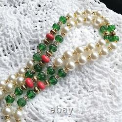 HASKELL Necklace 36 Faux Pearl Green Côtelé & Coral Glass Beads Gold Gilt Brass
