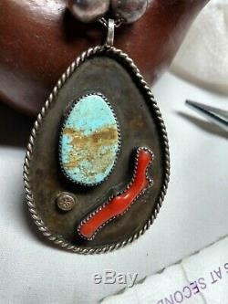 HUGE OLD NAVAJO TURQUOISE BRANCH CORAL PENDANT STERLING BEAD NECKLACE 58g