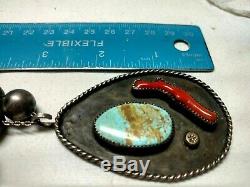 HUGE OLD NAVAJO TURQUOISE BRANCH CORAL PENDANT STERLING BEAD NECKLACE 58g