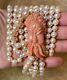 Handcarved Asian Salmon Pink Coral On Double Strand Pearls Neckalce Vintage 17
