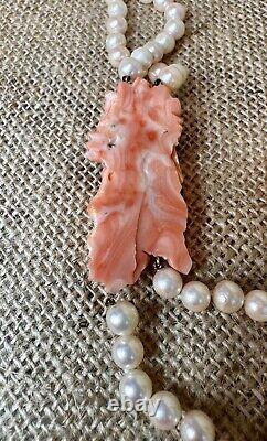 Handcarved Asian Salmon Pink Coral on Double Strand Pearls Neckalce Vintage 17