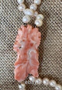 Handcarved Asian Salmon Pink Coral on Double Strand Pearls Neckalce Vintage 17