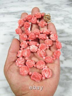 Hawaiian Natural Pink Angel Skin Coral Carved Rose Necklace 14k Gold Diamond Vtg
