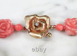 Hawaiian Natural Pink Angel Skin Coral Carved Rose Necklace 14k Gold Diamond Vtg