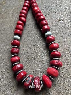 Heavy Chunky Sterling Silver Red Coral Bead Necklace. 20 inch