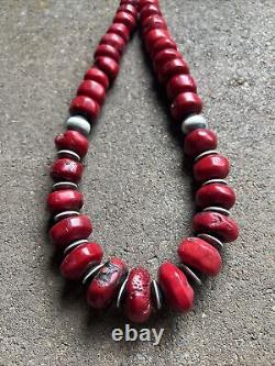Heavy Chunky Sterling Silver Red Coral Bead Necklace. 20 inch