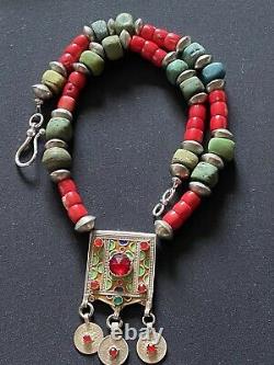 Hebron Vintage Beads & Berber Hirz With Old Moroccan coins & red coral necklace