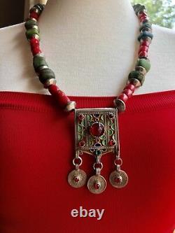 Hebron Vintage Beads & Berber Hirz With Old Moroccan coins & red coral necklace