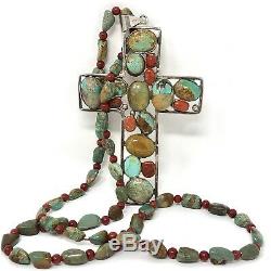 Huge Natural Royston Turquoise Coral Cross Necklace Sterling Silver 4 65g Bead