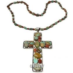 Huge Natural Royston Turquoise Coral Cross Necklace Sterling Silver 4 65g Bead