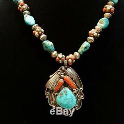 Huge Old Pawn Native American Turquoise Coral Sterling Bench Bead Necklace