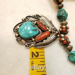 Huge Old Pawn Native American Turquoise Coral Sterling Bench Bead Necklace