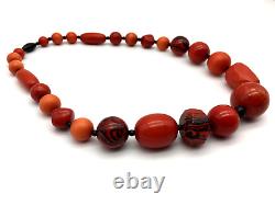 Italian Coral Color Lucite & Resin Sculptured Beads Black Spacers 18 Necklace