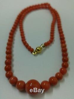 Italian natural salmon Coral beads 11.72 4.41mm, necklace yellow gold clasp