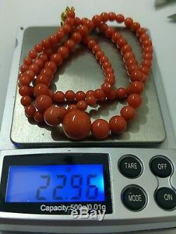 Italian natural salmon Coral beads 11.72 4.41mm, necklace yellow gold clasp