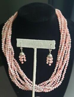 Jay King DTR 925 Silver 8 Strand Pink Angel Coral Beaded Necklace & Earrings