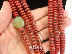 KEWA Santo Domingo 3-Strand Necklace Heishi Red Coral Beads Turquoise Long Heavy