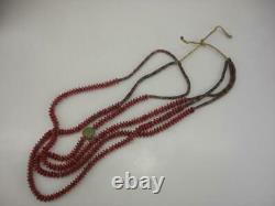 KEWA Santo Domingo 3-Strand Necklace Heishi Red Coral Beads Turquoise Long Heavy