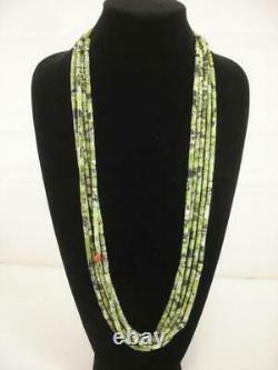 KEWA Santo Domingo Beaded 5-Strand Necklace Green Serpentine Turquoise Red Coral