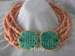KJL Coral & Carved Jade Rare Vintage Bib Designer Signed Necklace Kennenth Lane