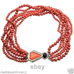 Kenneth Jay Lane 6 row jet bead necklace with black/coral geometric clasp 8206NC