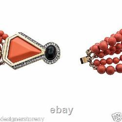 Kenneth Jay Lane 6 row jet bead necklace with black/coral geometric clasp 8206NC