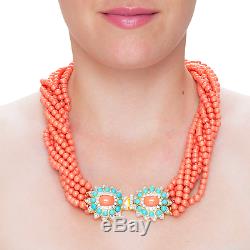 Kenneth Jay Lane multi row coral bead neck crystal turquoise/coral necklace