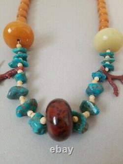 LARGE Bakelite, Turquoise, Coral Necklace! 184 Grams! Amber Butterscotch Vintage