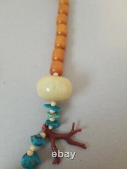 LARGE Bakelite, Turquoise, Coral Necklace! 184 Grams! Amber Butterscotch Vintage