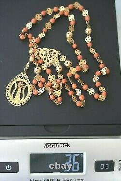 LG Unusual Antique 14Kt 10Kt Gold Genuine Orange Coral 14K Rosary Beads Necklace