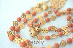 LG Unusual Antique 14Kt 10Kt Gold Genuine Orange Coral 14K Rosary Beads Necklace