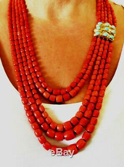 Large, Natural Red Coral Bead Necklace 18k Gold Turquoise Clasp