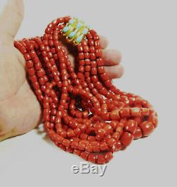 Large, Natural Red Coral Bead Necklace 18k Gold Turquoise Clasp