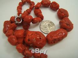 Large Natural Red Mediteranean Coral Baroque Beads 18k White Gold Clasp Necklace