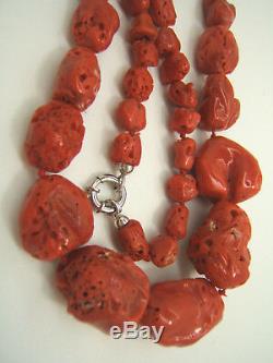Large Natural Red Mediteranean Coral Baroque Beads 18k White Gold Clasp Necklace