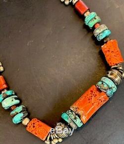 Large Old ANTIQUE TIBETAN TURQUOISE SILVER Red CORAL Prayer Bead NECKLACE Choker