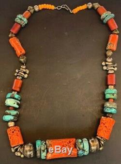 Large Old ANTIQUE TIBETAN TURQUOISE SILVER Red CORAL Prayer Bead NECKLACE Choker
