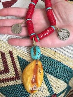 Large Vintage Navajo Coral Turquoise Amber Necklace Native American Trade Beads