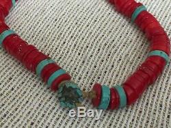 Large Vintage Navajo Coral Turquoise Amber Necklace Native American Trade Beads