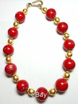 Large Vintage c. 1950 Sterling Silver and Coral 11.5mm Bead Ball Necklace 3176