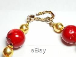 Large Vintage c. 1950 Sterling Silver and Coral 11.5mm Bead Ball Necklace 3176