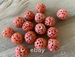 Lot Of 15 Vintage/Antique Asian Chinese Carved Coral Beads Necklace Jewelry