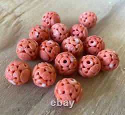 Lot Of 15 Vintage/Antique Asian Chinese Carved Coral Beads Necklace Jewelry
