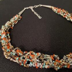 Lovely Estate Sterling Silver Coral & Multicolored Glass Bead Necklace 22 Long